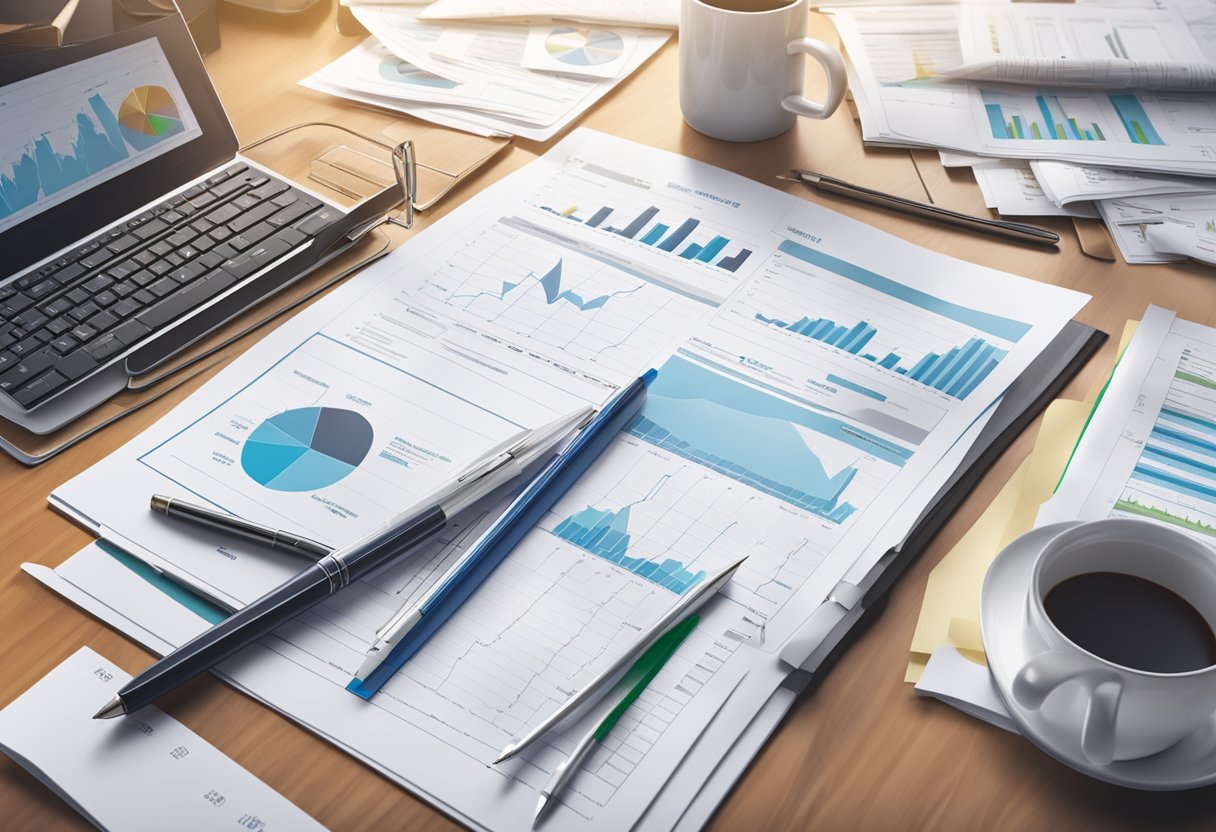 A group of documents and financial charts are arranged on a desk, with a focus on tax optimization and wealth transmission through the Pactes Dutreil
